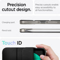 ACS03762 - iPad Mini 7 Liquid Air Folio showing precision cutout design with labeled callouts for the charging port, pencil slot, and Touch ID button access