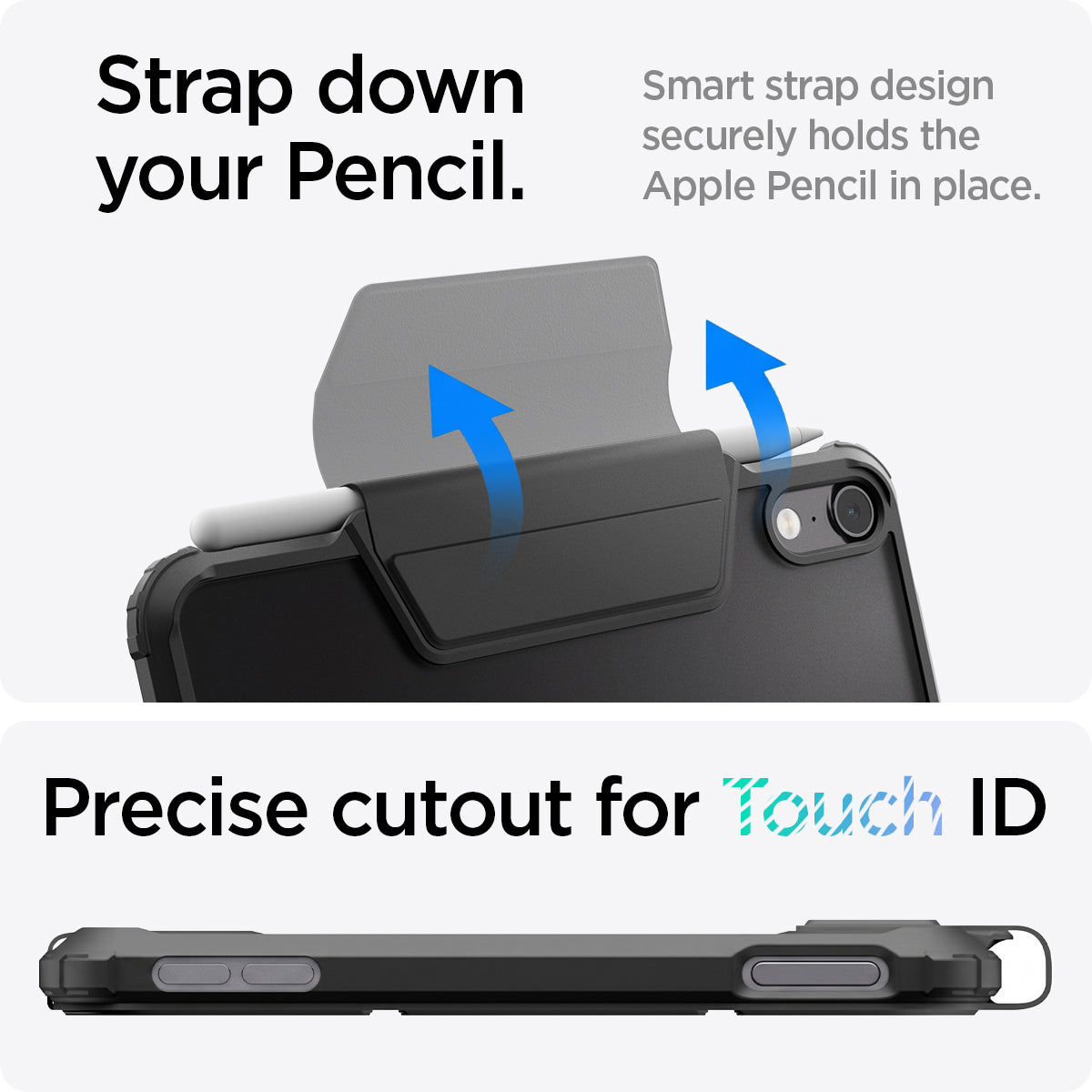 ACS12401 - iPad mini 8 Ultra Hybrid Pro showing a protective strap securing a stylus and precise side cutouts for Touch ID access.