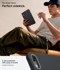 ACS12396 - iPad Mini 8 Nano Pop in Black Sesame showing a person holding an iPad mini case and Apple Pencil with a close-up of the camera cutout