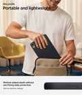 ACS12396 - iPad Mini 8 Nano Pop in Black Sesame showing a person placing an iPad mini into a bag with a close-up of the case's slim side profile