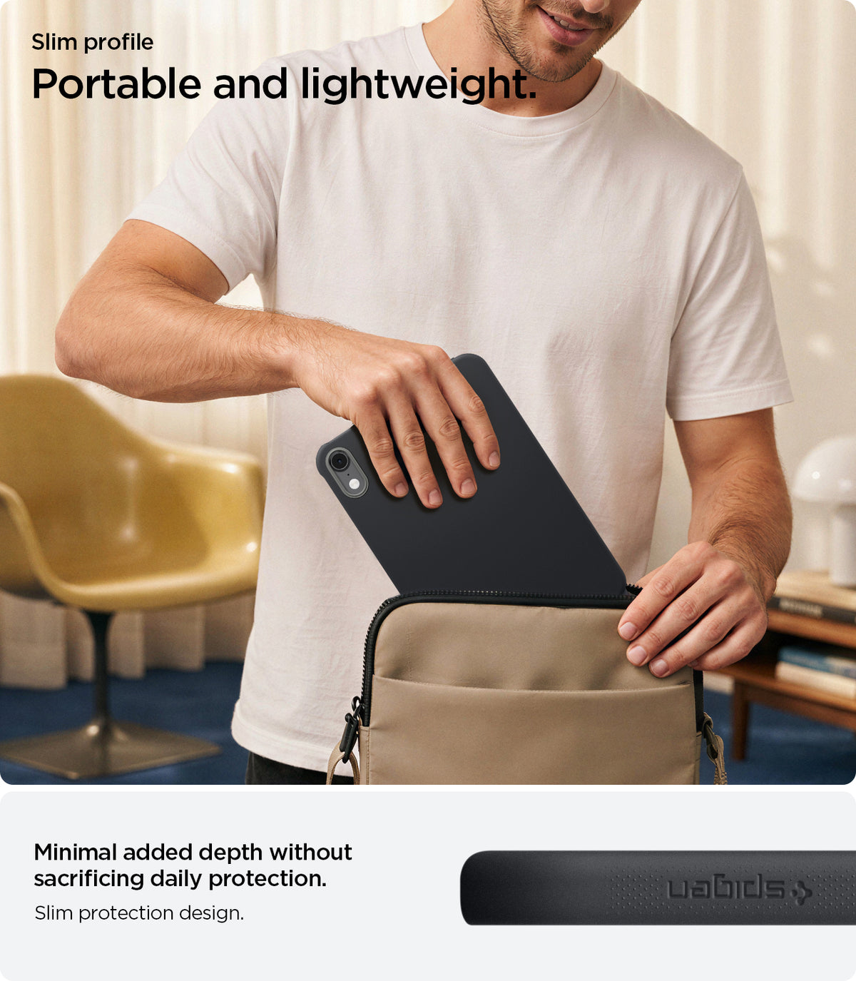 ACS12396 - iPad Mini 8 Nano Pop in Black Sesame showing a person placing an iPad mini into a bag with a close-up of the case's slim side profile