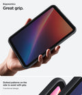 ACS12396 - iPad Mini 8 Nano Pop in Black Sesame showing an iPad mini held in one hand with a close-up of the textured edges for grip