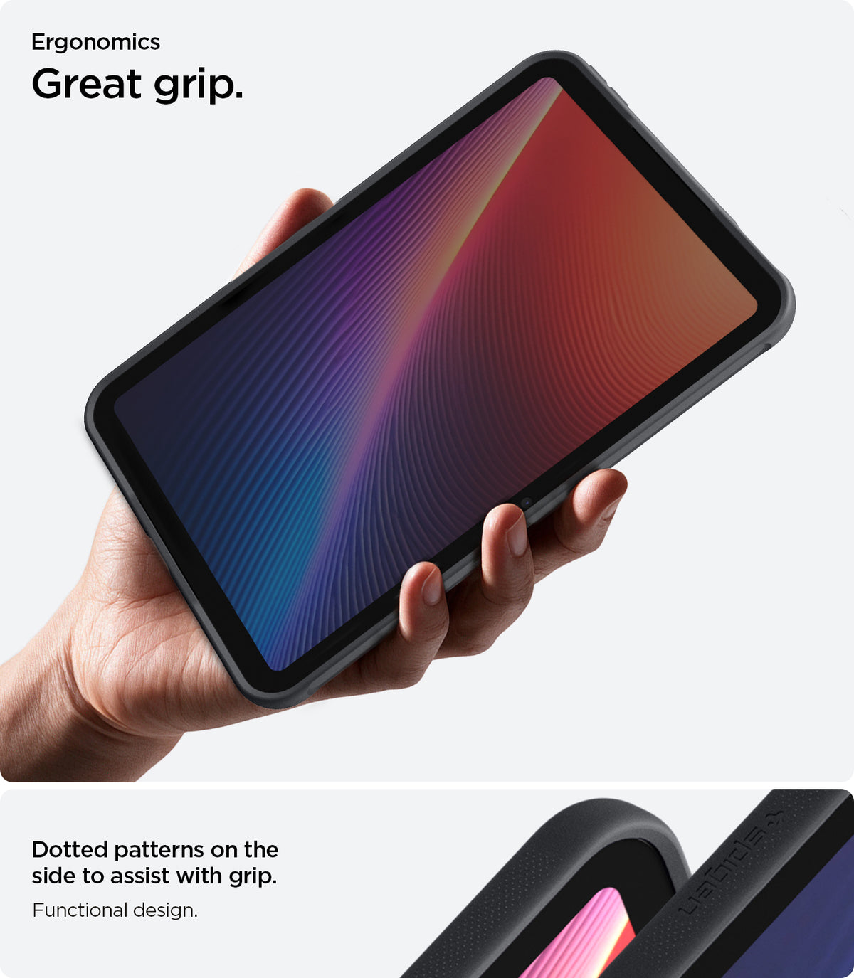ACS12396 - iPad Mini 8 Nano Pop in Black Sesame showing an iPad mini held in one hand with a close-up of the textured edges for grip