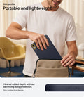 ACS12397 - iPad Mini 8 Nano Pop in Blueberry Navy showing a person placing an iPad mini into a bag with a close-up of the case's slim side profile