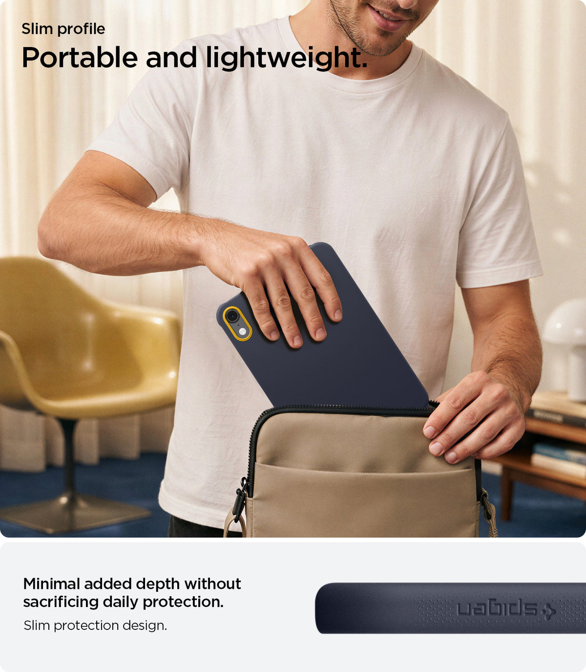 ACS12397 - iPad Mini 8 Nano Pop in Blueberry Navy showing a person placing an iPad mini into a bag with a close-up of the case's slim side profile