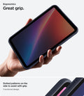 ACS12397 - iPad Mini 8 Nano Pop in Blueberry Navy showing an iPad mini held in one hand with a close-up of the textured edges for grip