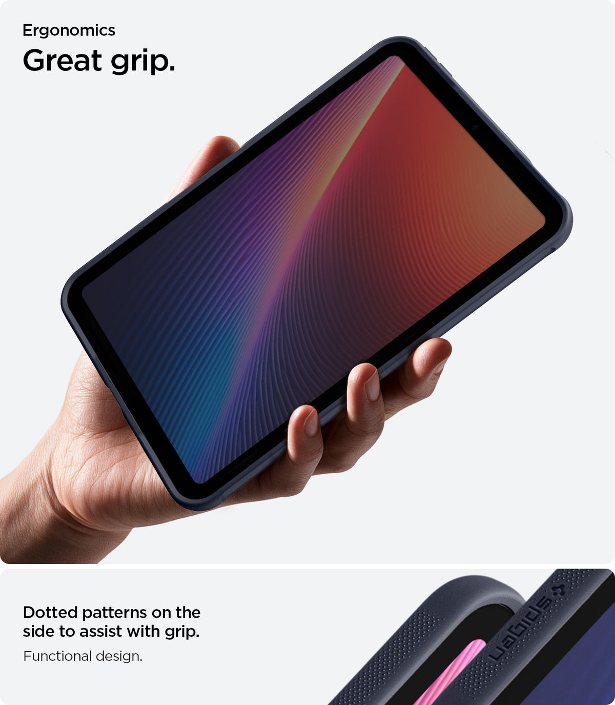 ACS12397 - iPad Mini 8 Nano Pop in Blueberry Navy showing an iPad mini held in one hand with a close-up of the textured edges for grip
