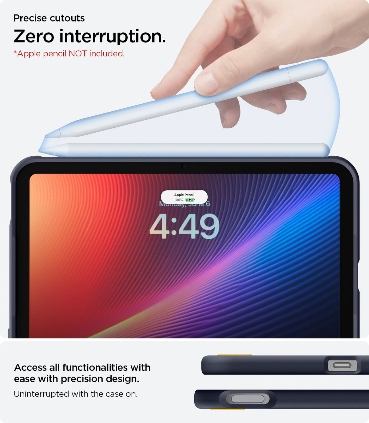ACS12397 - iPad Mini 8 Nano Pop in Blueberry Navy showing an Apple Pencil attaching to an iPad mini with close-up views of the case's button cutouts