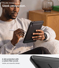 ACS12398 - iPad Mini 8 Rugged Armor in Matte Black showing a person holding a tablet case with a stylus and a close-up of the carbon fiber textured design.