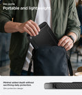 ACS12398 - iPad Mini 8 Rugged Armor in Matte Black showing a person placing a tablet into a shoulder bag and a close-up of the case's slim side profile.