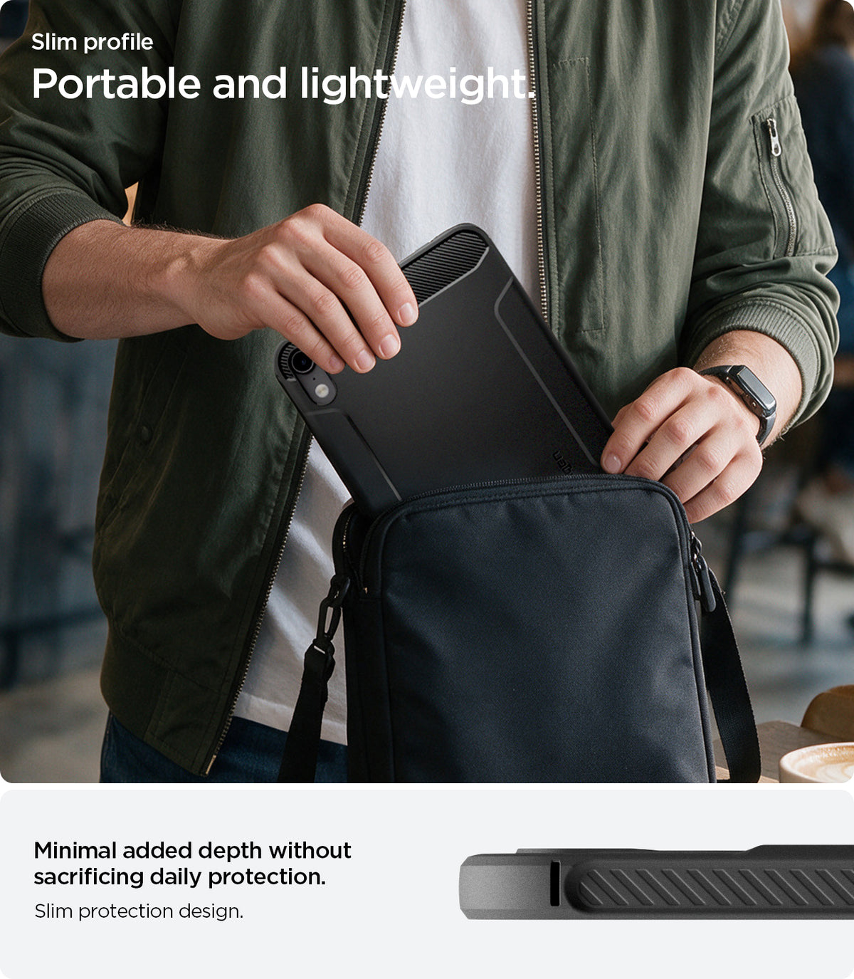 ACS12398 - iPad Mini 8 Rugged Armor in Matte Black showing a person placing a tablet into a shoulder bag and a close-up of the case's slim side profile.
