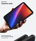 ACS12398 - iPad Mini 8 Rugged Armor in Matte Black showing a tablet held in one hand with a close-up of grooved patterns along the case edges for grip.