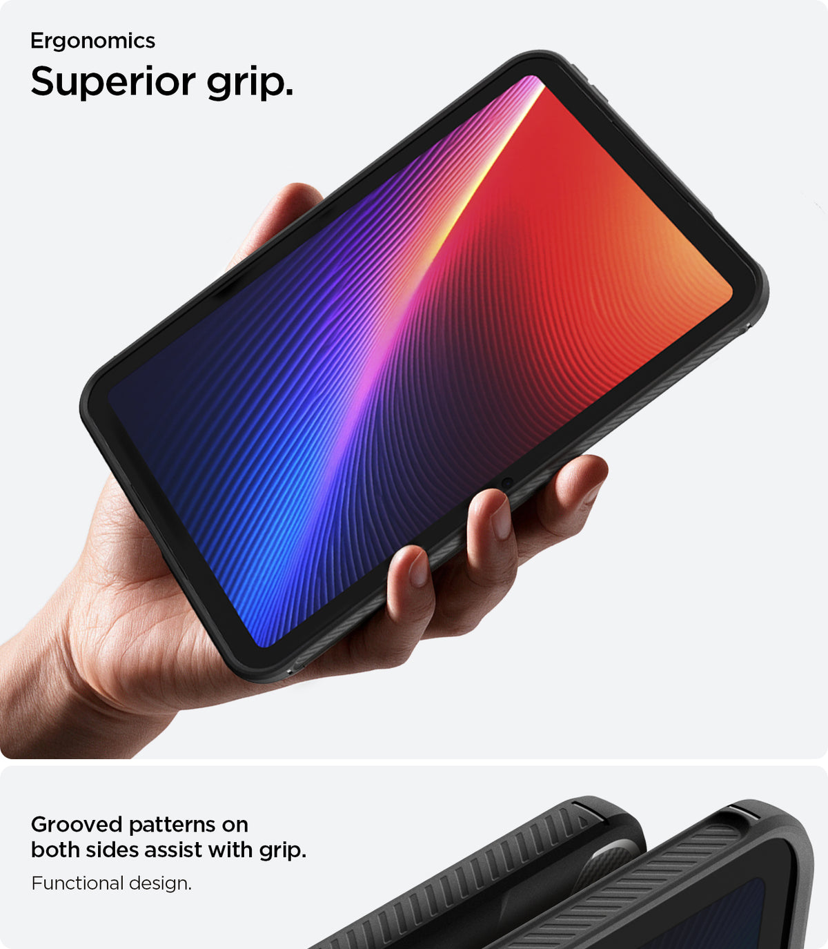 ACS12398 - iPad Mini 8 Rugged Armor in Matte Black showing a tablet held in one hand with a close-up of grooved patterns along the case edges for grip.