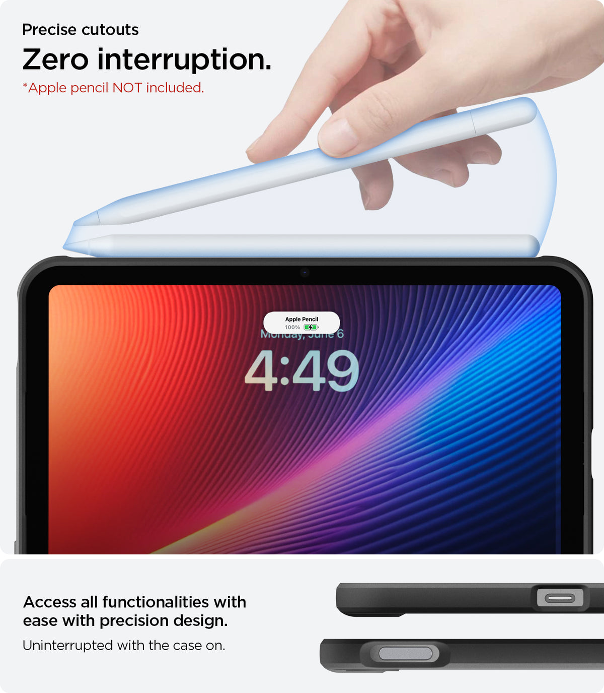 ACS12398 - iPad Mini 8 Rugged Armor in Matte Black showing a stylus attaching to the side of a tablet case with close-up views of accessible buttons and cutouts.