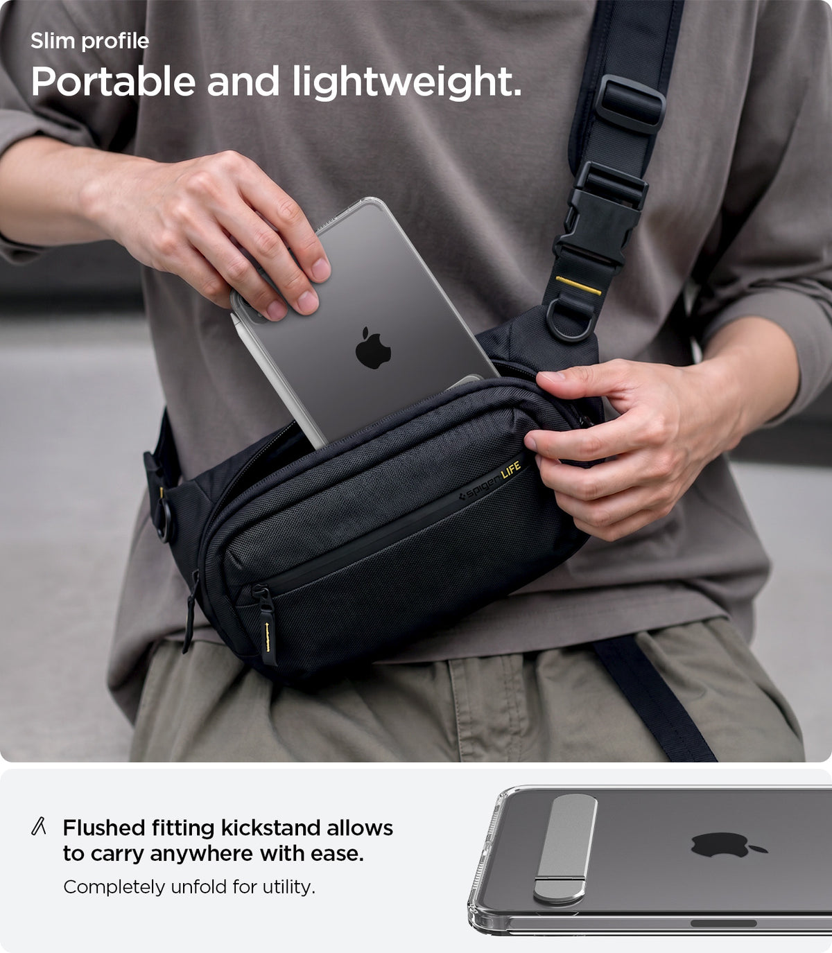 ACS11625 - iPad Mini Series Ultra Hybrid S showing a slim clear case with a flush-fitting kickstand for lightweight and portable everyday use.