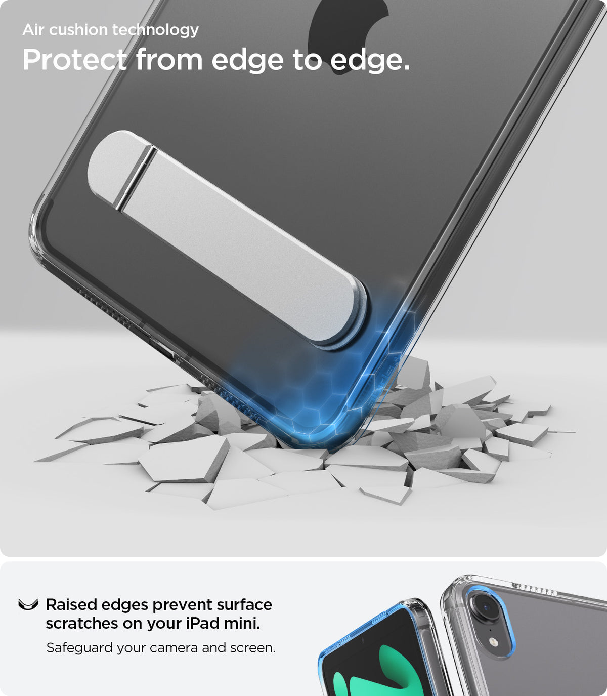 ACS11625 - iPad Mini Series Ultra Hybrid S showing reinforced corners and raised edges designed to protect the screen and camera from impacts and surface scratches.