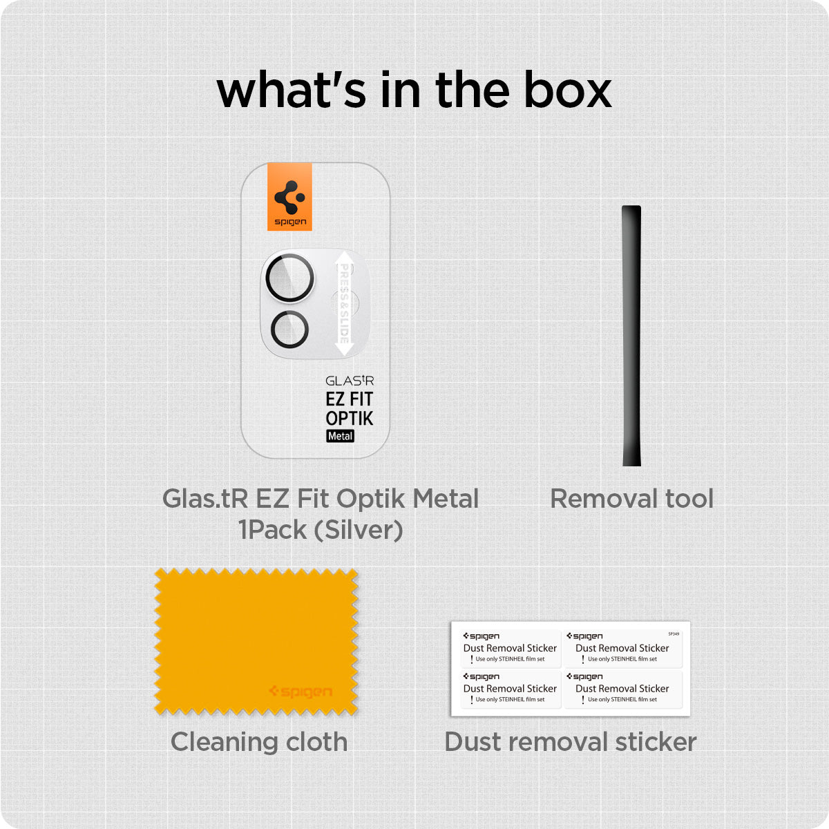 AGL07796 - iPad Pro 13-inch (2024) Optik Pro EZ Fit Lens Protector in Silver showing what's in the box Glas.tR EZ Fit Optik Metal 1Pack (Space Black), cleaning cloth and dust removal sticker