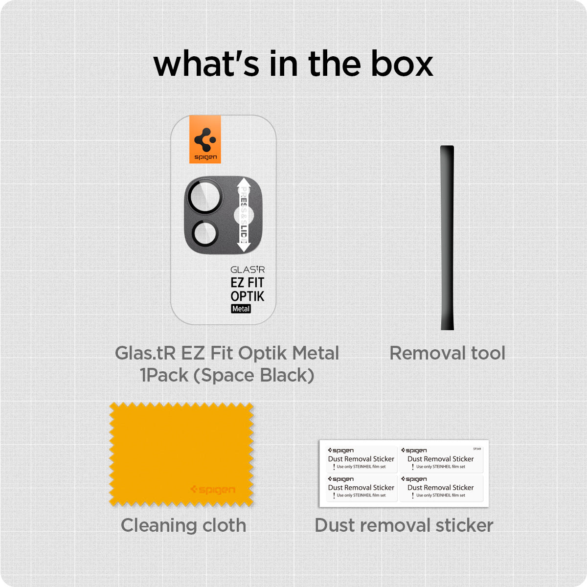 AGL07791 - iPad Pro 13-inch (2024) Optik Pro EZ Fit Lens Protector in Space Black showing what's in the box Glas.tR EZ Fit Optik Metal 1Pack (Space Black), cleaning cloth and dust removal sticker
