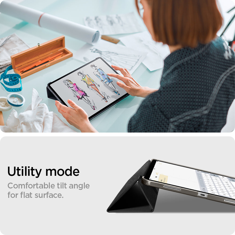 ACS02884 - iPad Pro 12.9" (2022/2021) Case Liquid Air Folio in black showing the utility mode. Comfortable tilt angle for flat surface