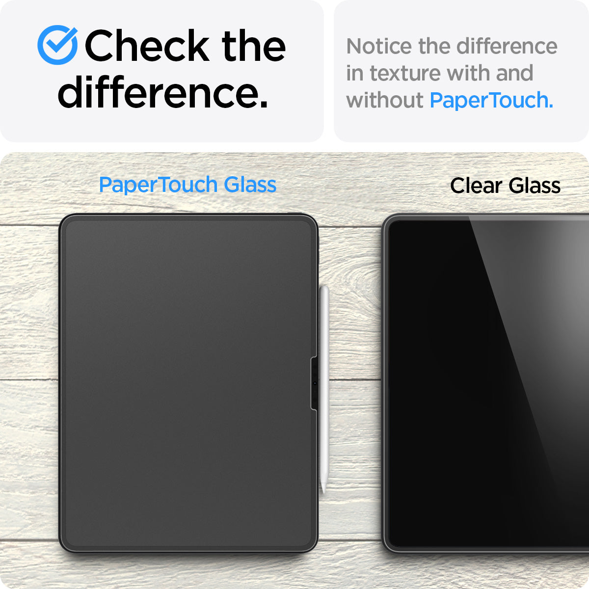 AGL07794 - iPad Pro 12.9-inch Paper Touch EZ Fit in Clear showing the difference of the texture with and without PaperTouch