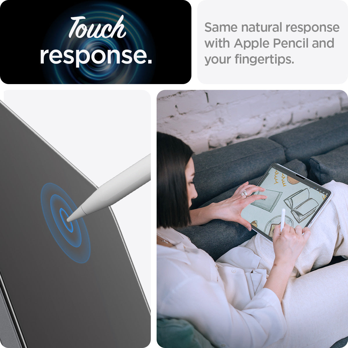 AGL07794 - iPad Pro 12.9-inch Paper Touch EZ Fit in Clear showing the touch response. Same natural response with Apple Pencil and your fingertips