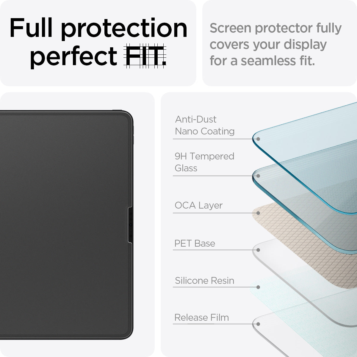 AGL07794 - iPad Pro 12.9-inch Paper Touch EZ Fit in Clear showing the full protection perfect FIT. Screen protector fully covers your display for a seamless fit with anti-dust nano coating, 9H tempered glass, OCA layer, PET base, silicone resin and release film