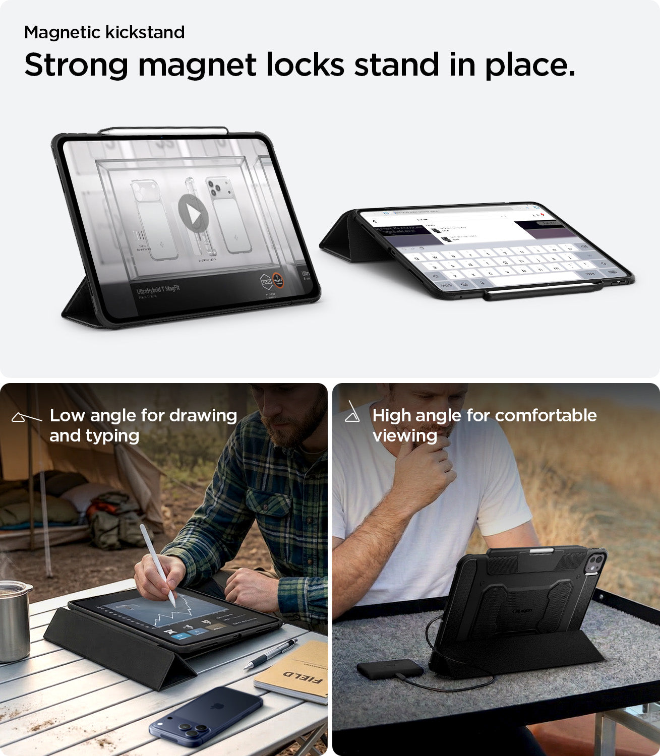 ACS07017 - iPad Pro 11-inch Case Rugged Armor Pro in Black showing strong magnet locks stand in place