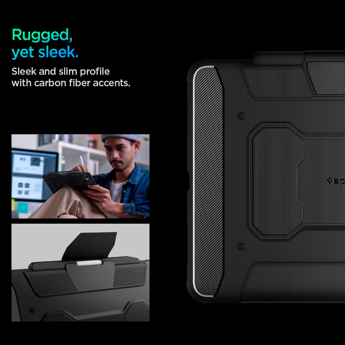ACS07007 - iPad Pro 12.9-inch Case Rugged Armor Pro in Black showing the rugged, yet sleek. Sleek and slim profile with carbon fiber accents