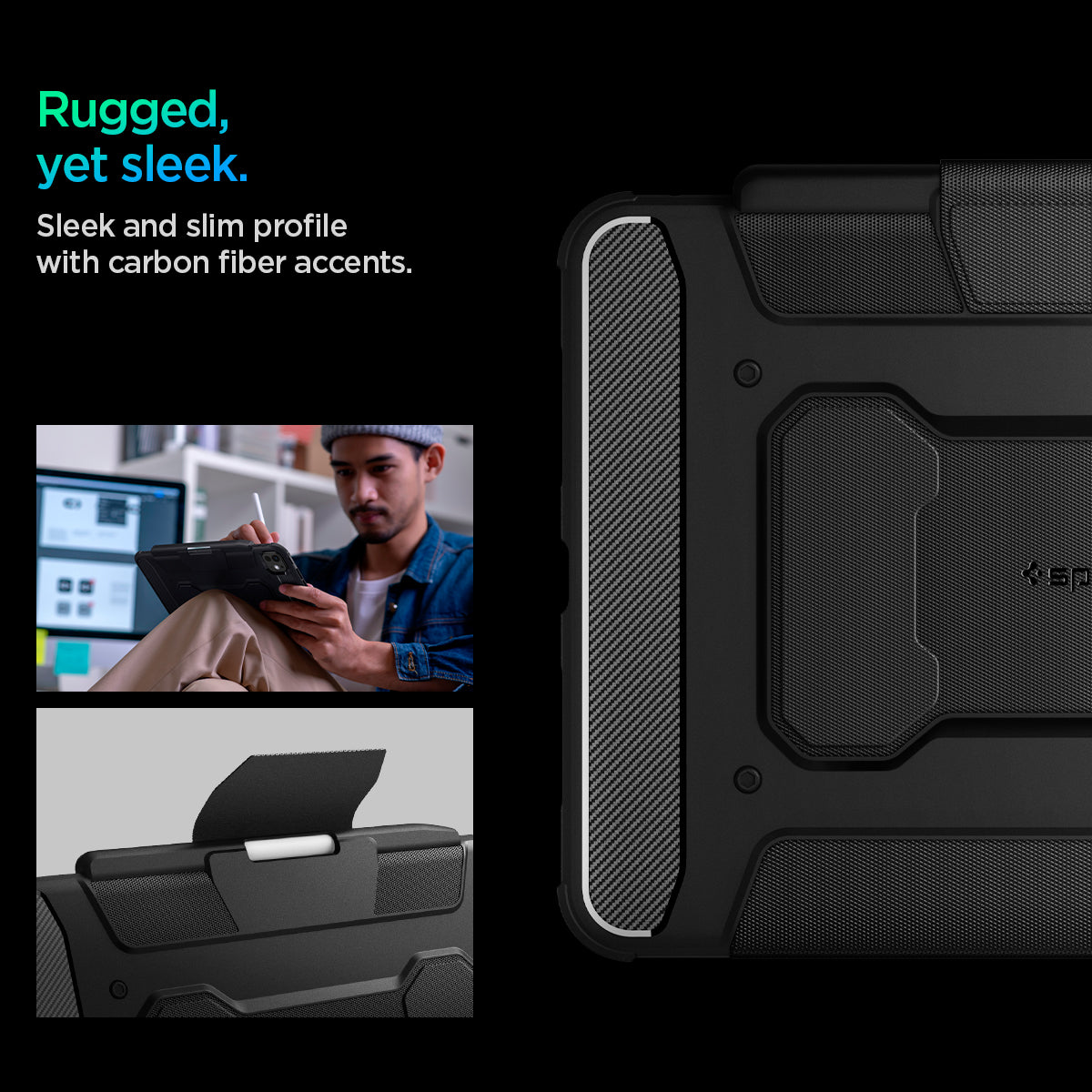 ACS07017 - iPad Pro 11-inch Case Rugged Armor Pro in Black showing the rugged, yet sleek. Sleek and slim profile with carbon fiber accents