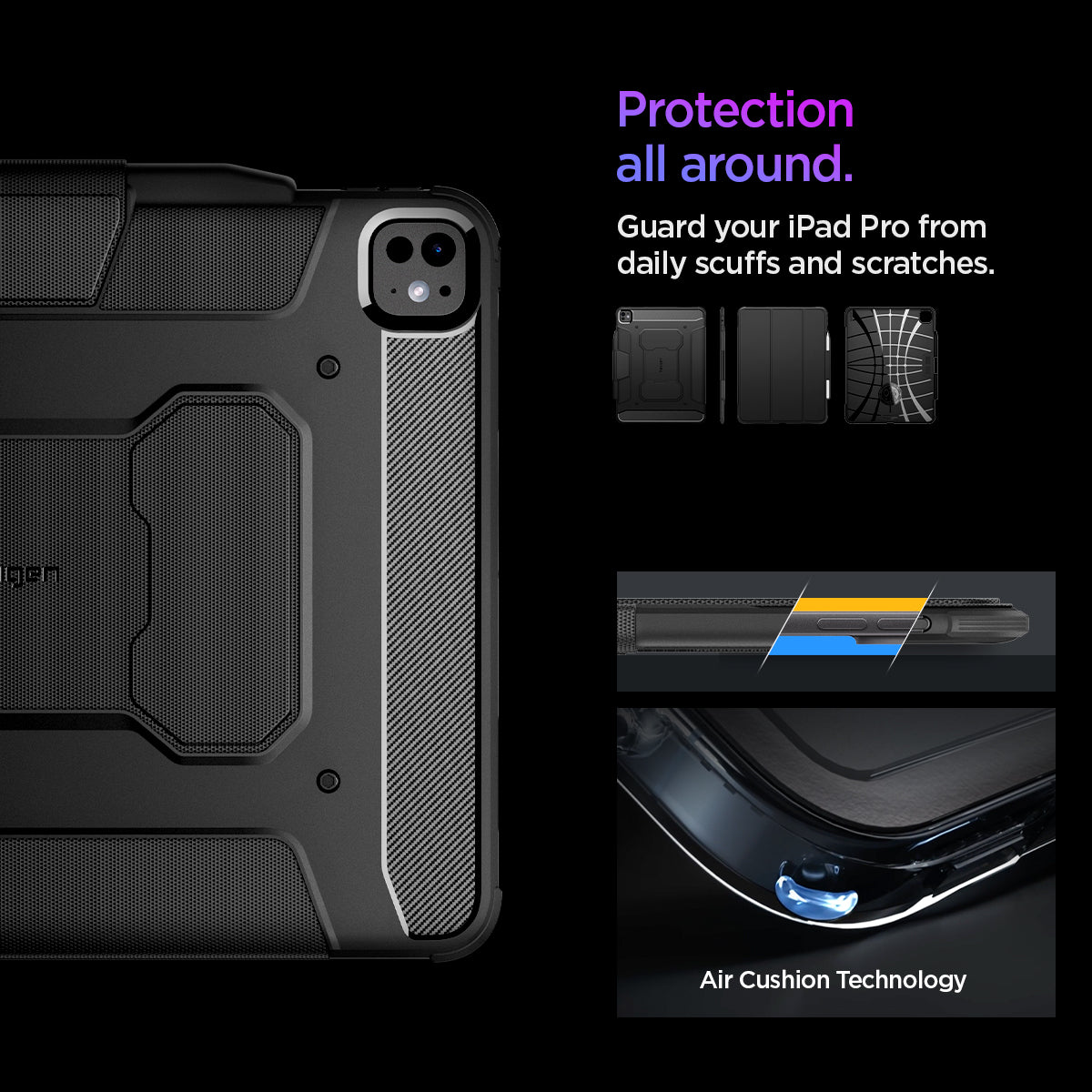 ACS07007 - iPad Pro 12.9-inch Case Rugged Armor Pro in Black showing the protection all around. Guard your iPad Pro form daily scuffs and scratches
