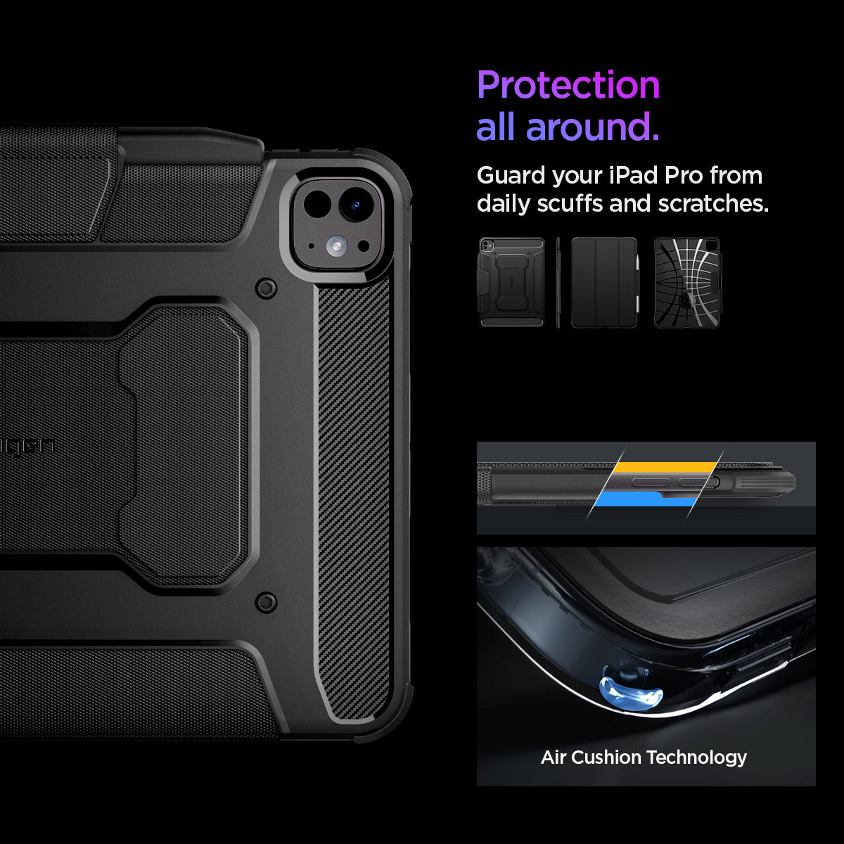 ACS07017 - iPad Pro 11-inch Case Rugged Armor Pro in Black showing the protection all around. Guard your iPad Pro form daily scuffs and scratches