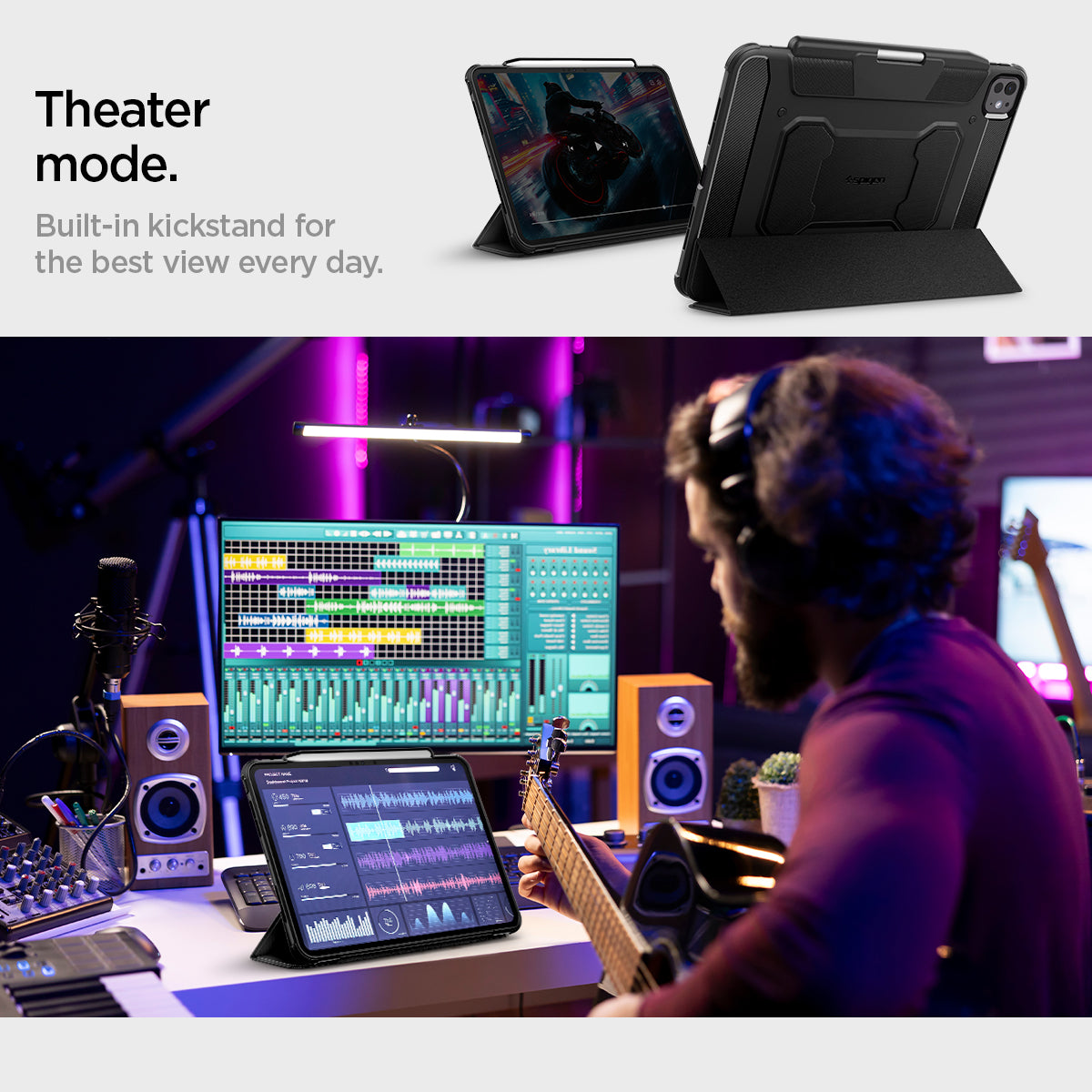 ACS07017 - iPad Pro 11-inch Case Rugged Armor Pro in Black showing the theater mode. Built-in kickstand for the best view every day