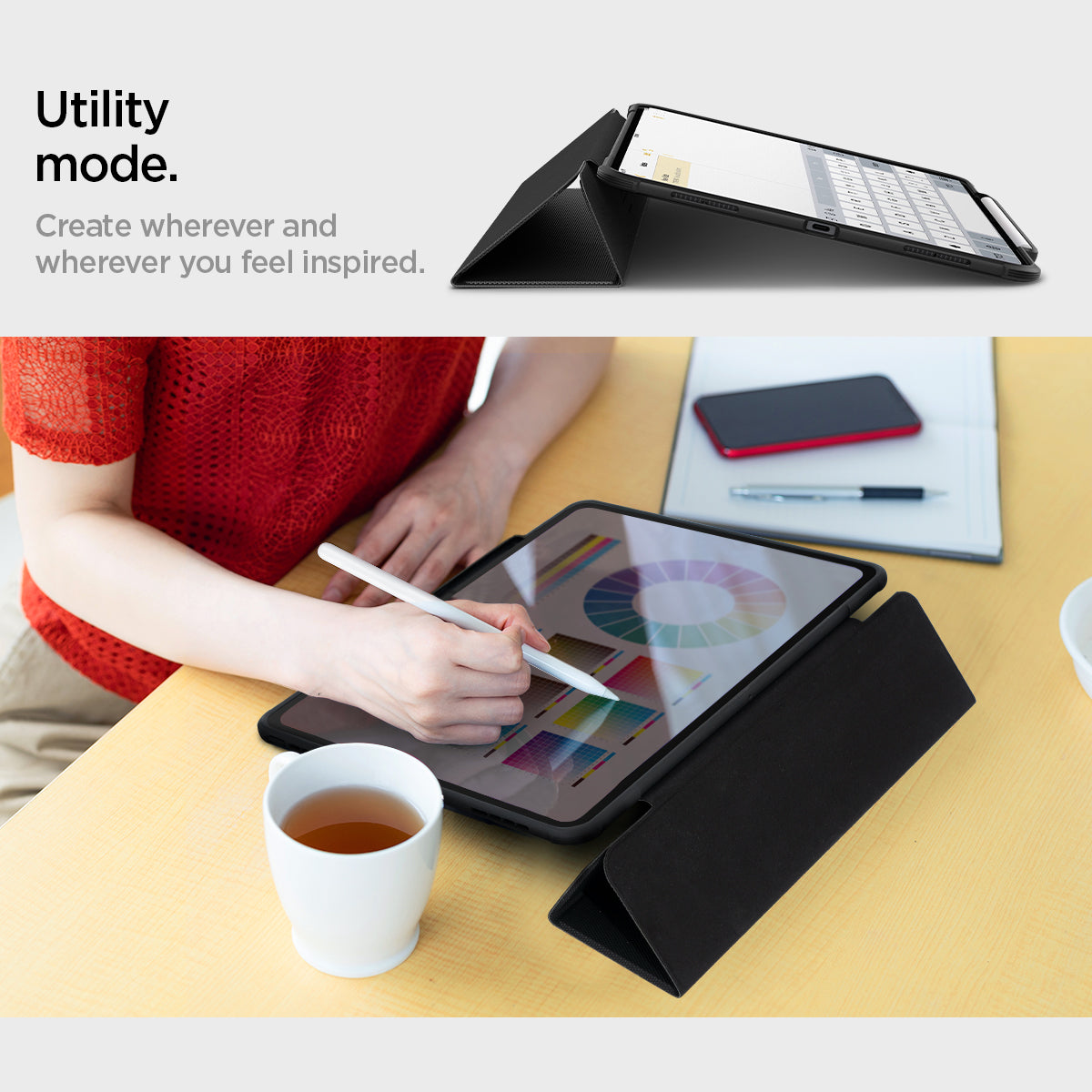 ACS07007 - iPad Pro 12.9-inch Case Rugged Armor Pro in Black showing the utility mode. Create wherever and wherever you feel inspired