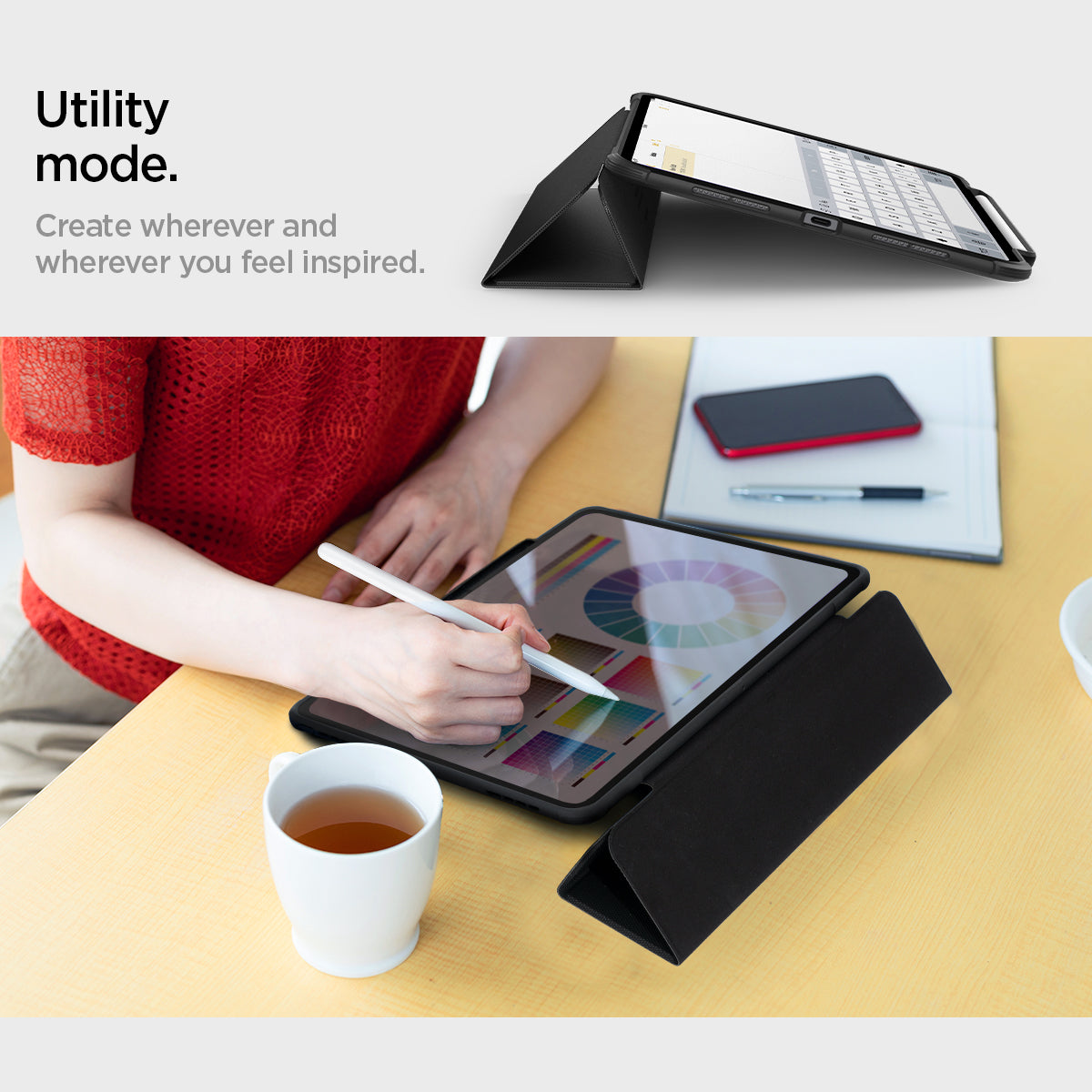 ACS07017 - iPad Pro 11-inch Case Rugged Armor Pro in Black showing the utility mode. Create wherever and wherever you feel inspired