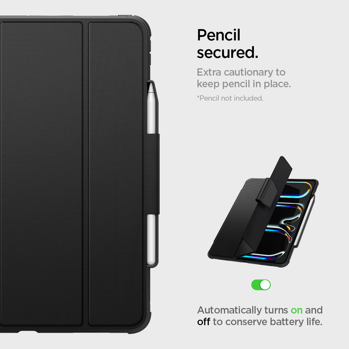 ACS07007 - iPad Pro 12.9-inch Case Rugged Armor Pro in Black showing the pencil secured.  Extra cautionary to keep pencil in place. Automatically turns on and off to conserve battery life