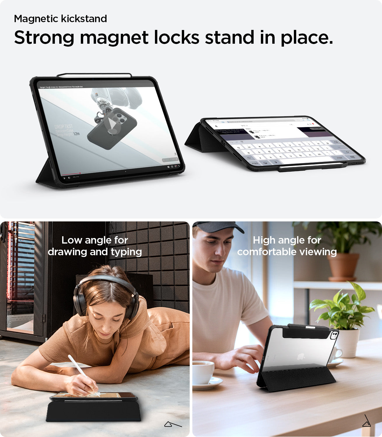 ACS07006 - iPad Pro 12.9-inch Case Ultra Hybrid Pro in Black showing strong magnet locks stand in place.