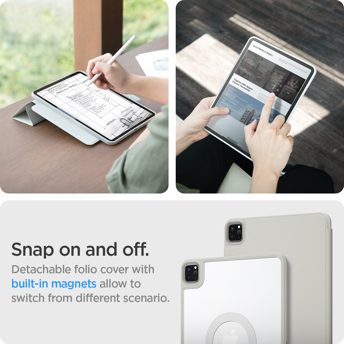 ACS06512 - iPad Pro 11-inch (2022) - Air Skin Pro OneTap showing lifestyle shots in use; highlights detachable folio cover with built-in magnets for easy switching