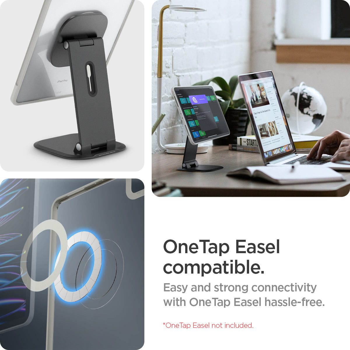 ACS06512 - iPad Pro 11-inch (2022) - Air Skin Pro OneTap showing case mounted on OneTap Easel stand with close-up of magnetic connection; OneTap Easel not included