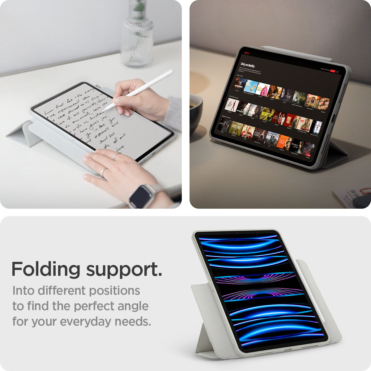ACS06512 - iPad Pro 11-inch (2022) - Air Skin Pro OneTap showing lifestyle shots for writing and media viewing; highlights adjustable folding stand for multiple angles