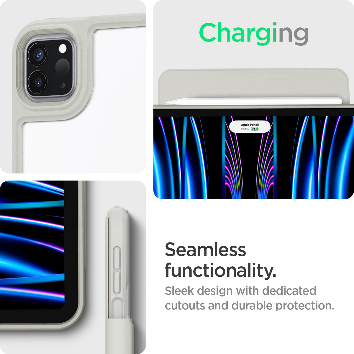 ACS06512 - iPad Pro 11-inch (2022) - Air Skin Pro OneTap showing close-ups of camera cutout, port access, and Apple Pencil charging through the case