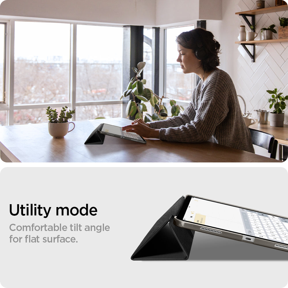 ACS05466 - iPad Pro 11" (2022/2021/2020/2018) Case Liquid Air Folio in black showing the utility mode. Comfortable tilt angle for flat surface