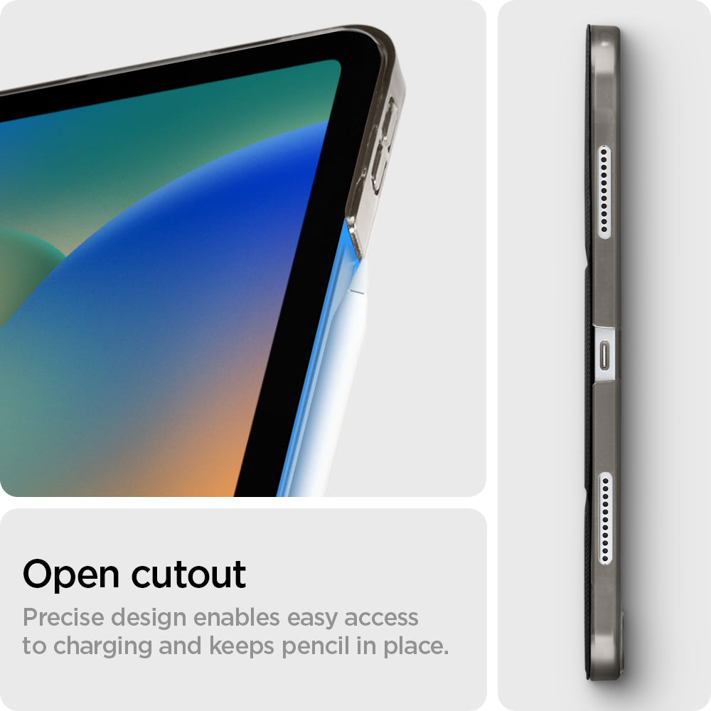 ACS05466 - iPad Pro 11" (2022/2021/2020/2018) Case Liquid Air Folio in black showing the open cutout. Precise design enables easy access to charging and keeps pencil in place