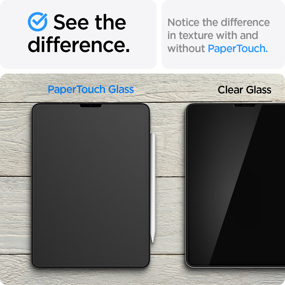 AGL02761 - iPad Pro 11" Screen Protector Paper Touch EZ Fit showing the difference of the texture with and without PaperTouch