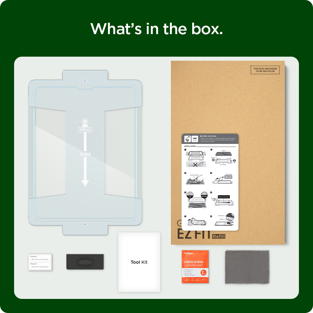 AGL04514 - iPad Pro 12.9" Screen Protector EZ FIT GLAS.tR Refill showing what's in the box. Screen protector with tray, installation guide, dust removal sticker, tool kit and cleaning wipe