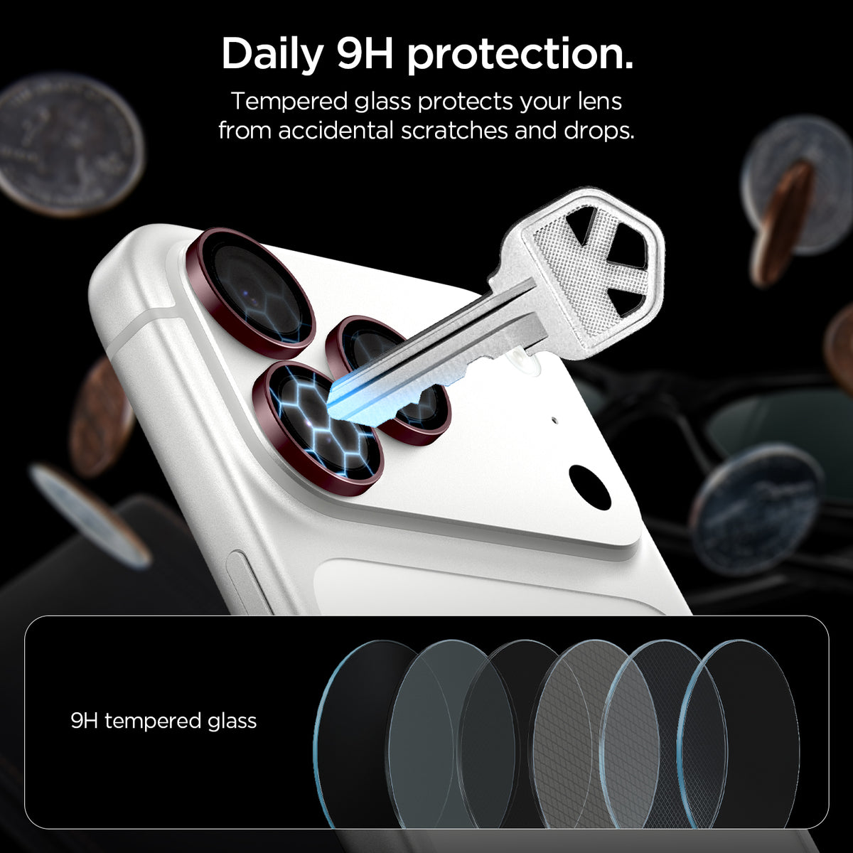 AGL12044 - iPhone 18 Pro Max / iPhone 18 Pro Optik Pro EZ Fit Lens Protector in burgundy showing tempered glass lens protectors shielding the camera lenses from scratches and impacts.