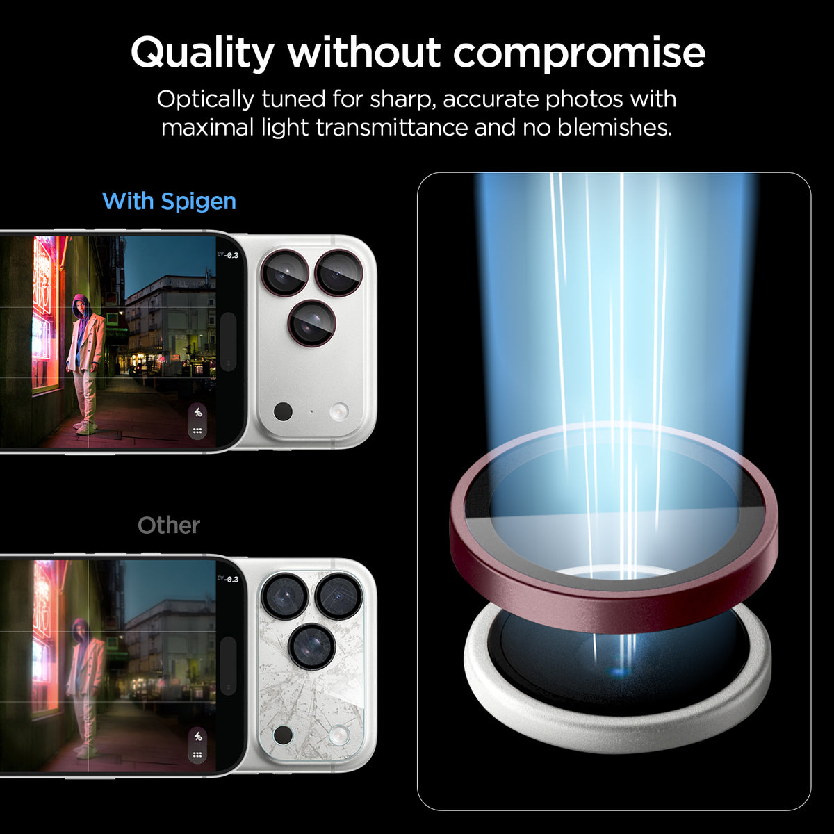 AGL12044 - iPhone 18 Pro Max / iPhone 18 Pro Optik Pro EZ Fit Lens Protector in burgundy showing lens protectors designed for clear light transmission and sharp photo quality without visual interference.
