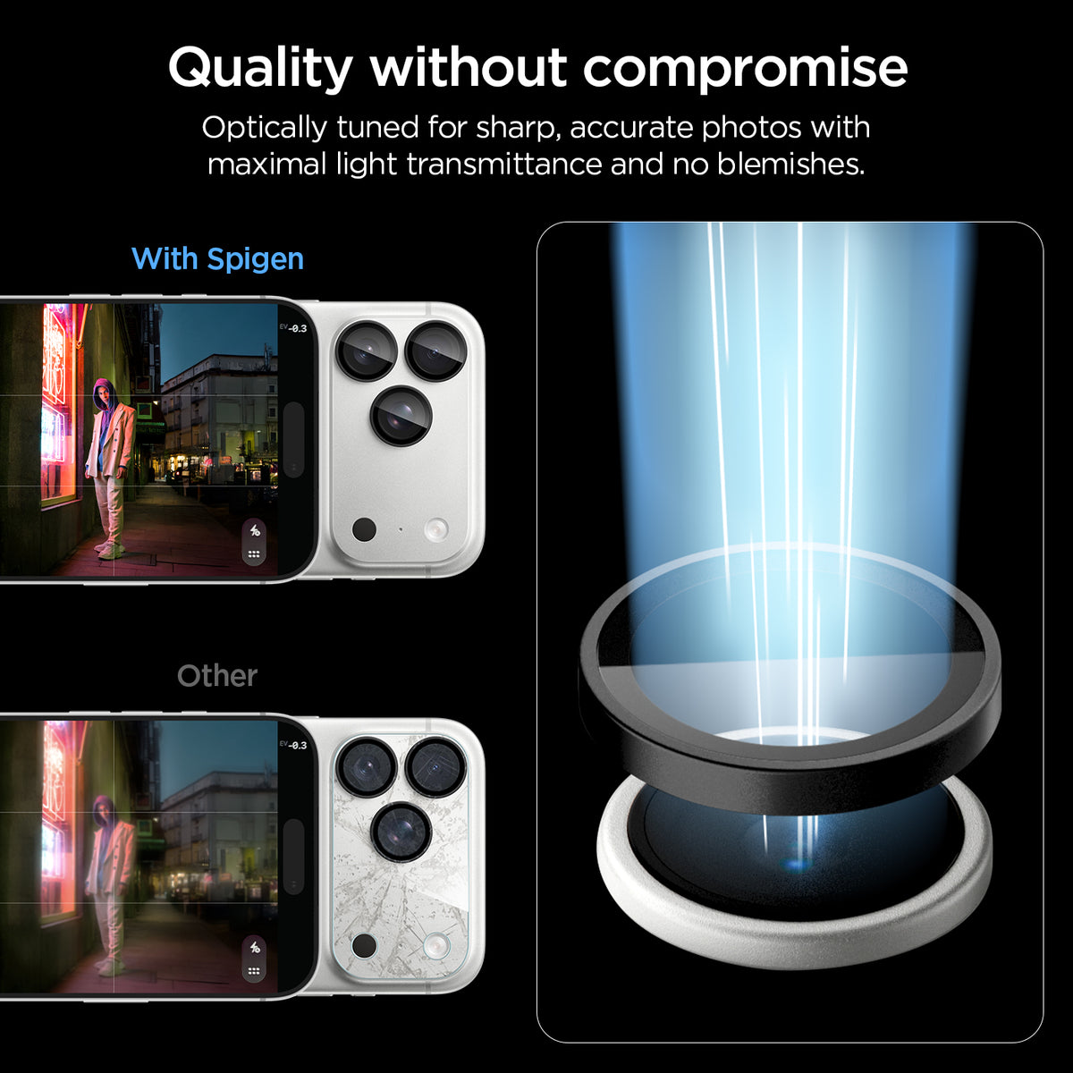 AGL12043 - iPhone 18 Pro Max / iPhone 18 Pro Optik Pro EZ Fit Lens Protector in black showing lens protectors designed for clear light transmission and sharp photo quality without visual interference.