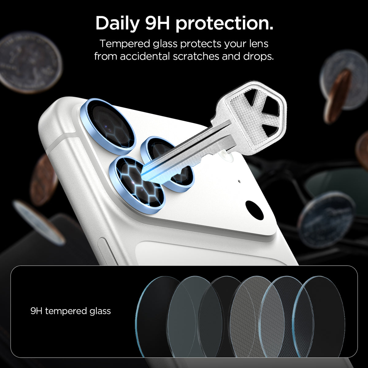 AGL12045 - iPhone 18 Pro Max / iPhone 18 Pro Optik Pro EZ Fit Lens Protector in Glacier showing tempered glass lens protectors shielding the camera lenses from scratches and impacts.