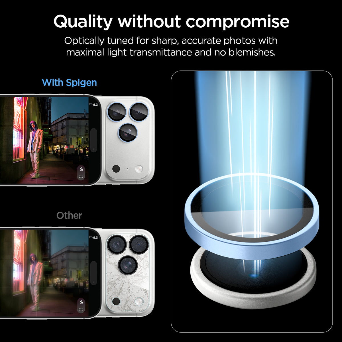 AGL12045 - iPhone 18 Pro Max / iPhone 18 Pro Optik Pro EZ Fit Lens Protector in Glacier showing lens protectors designed for clear light transmission and sharp photo quality without visual interference.