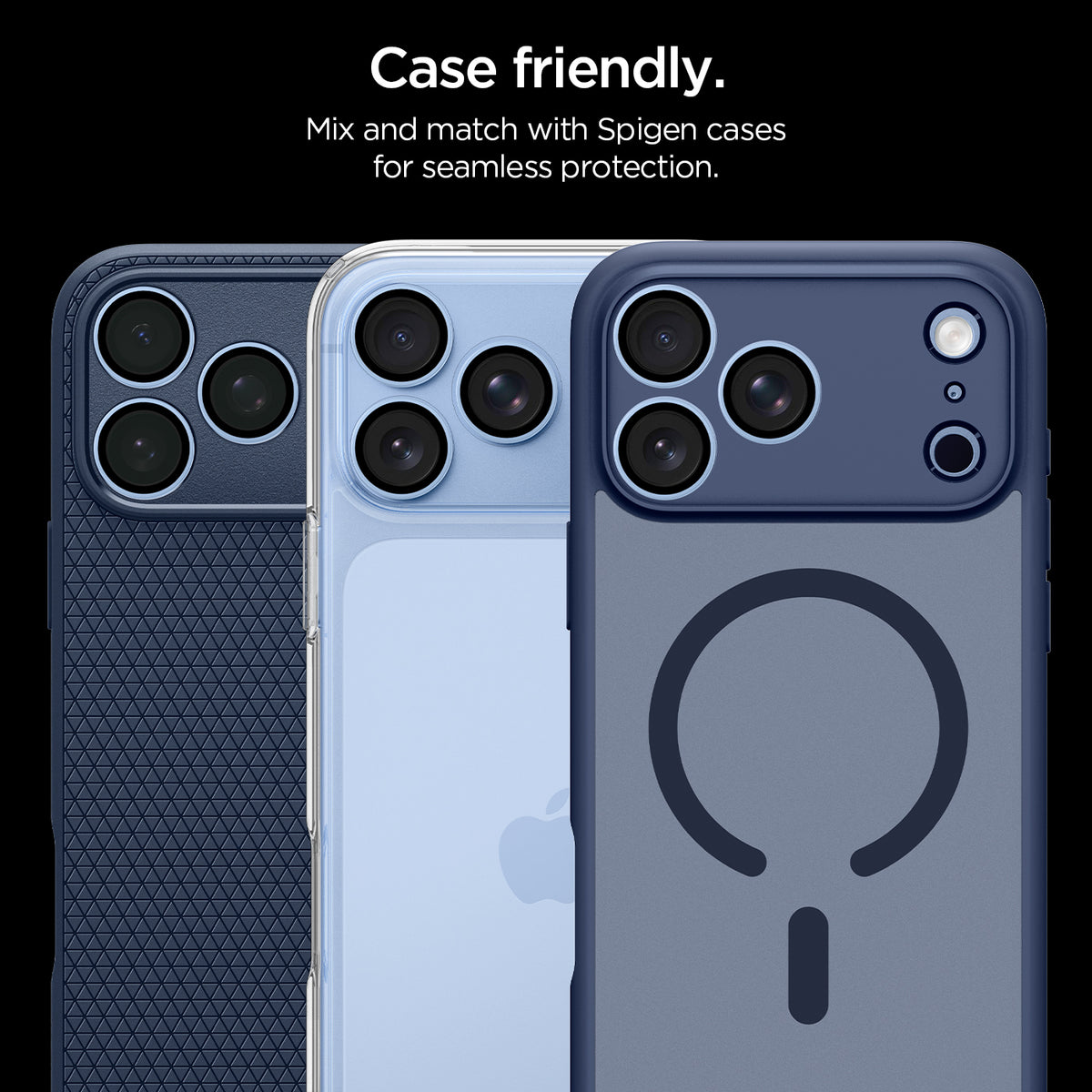 AGL12045 - iPhone 18 Pro Max / iPhone 18 Pro Optik Pro EZ Fit Lens Protector in Glacier showing lens protectors paired with multiple case styles for a compatible and seamless fit.